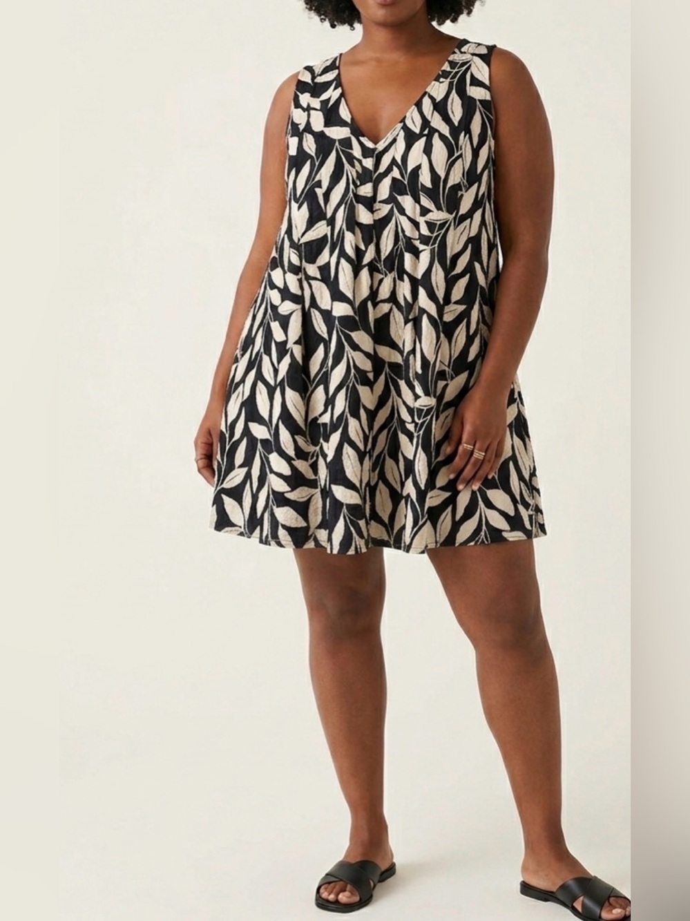 AVA & VIV Botanical Monochrome Contrast Neutral Boho Leaf Print Mini dress XL/1X
